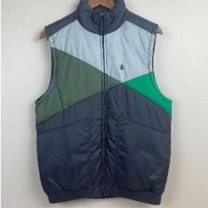 Volcom Outdoor Puffer Vest M Mens Full Zip Green Gray Colorblock Pockets Logo